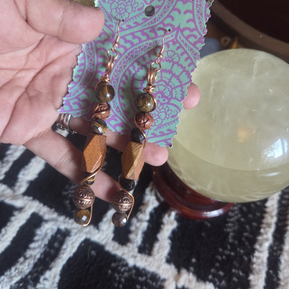🔥3 For $25 Handmade Copper Wrapped Tiger's Eye Beaded Earrings